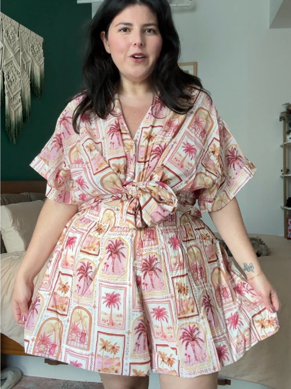 City Chic Pink & Cream Palm Print Tie-Front Shirt and Shorts Set